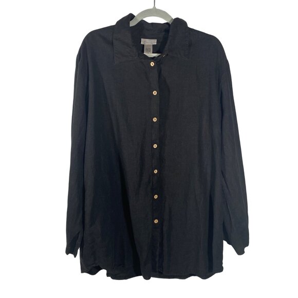 Soft Surroundings 1X Black tunic top Linen Button-Up Shirt neutral open cuff - Picture 1 of 8